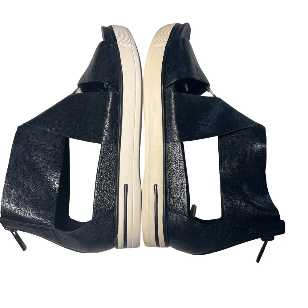 Eileen Fisher Sandals Women 6 Black Leather Platform Wedge Zip Back Gladiator